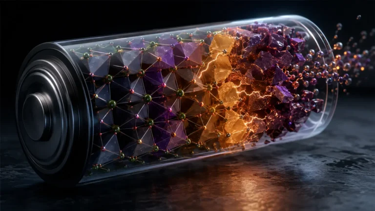 Cinematic macro render of manganese atoms altering the olivine crystal lattice inside an LMFP battery.