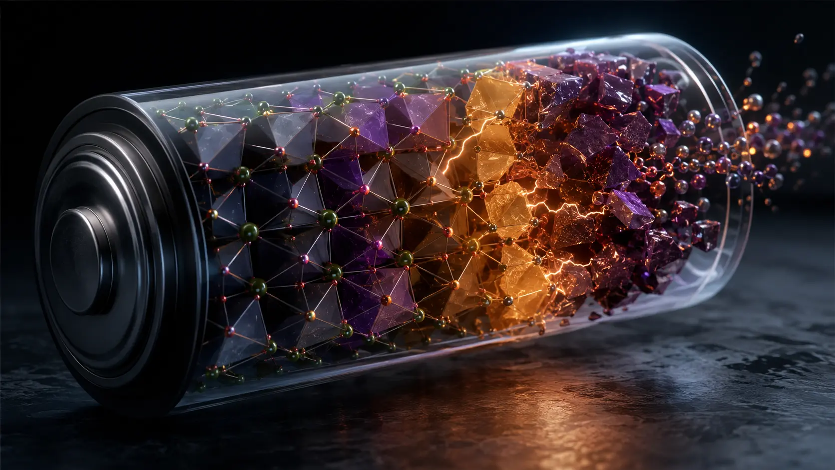 Cinematic macro render of manganese atoms altering the olivine crystal lattice inside an LMFP battery.