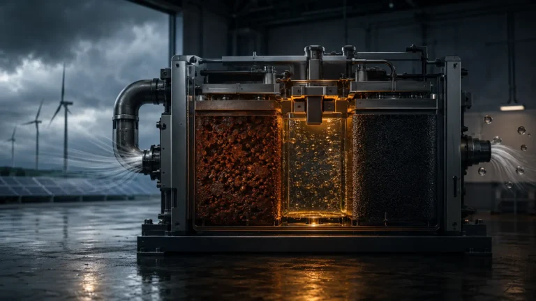 Cinematic macro render of oxygen molecules oxidizing a porous iron anode inside a long-duration iron-air battery.