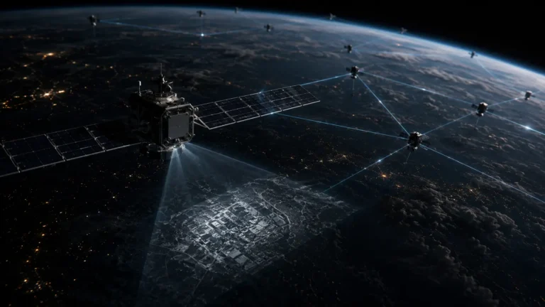 Cinematic macro render of spy satellite constellations using Synthetic Aperture Radar in Low-Earth Orbit.