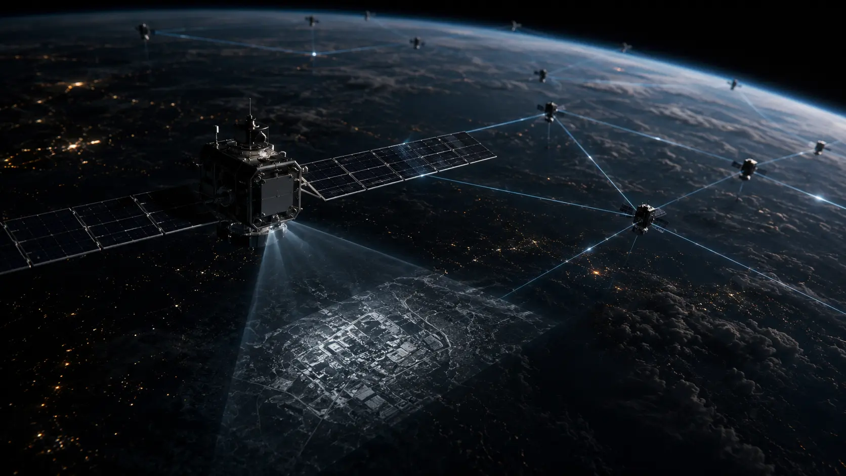 Cinematic macro render of spy satellite constellations using Synthetic Aperture Radar in Low-Earth Orbit.