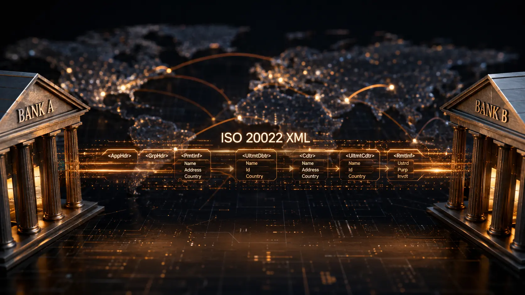 Cinematic render of XML data tags securing a global financial banking vault representing ISO 20022. Phase 3 Rank Math 100100 Snippet Protocol