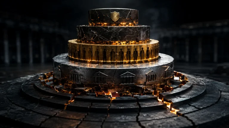 Cinematic render of a CCP default waterfall absorbing a financial shock to prevent systemic market contagion.