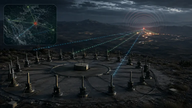 Cinematic render of a COMINT direction finding array intercepting hostile radio frequencies on a battlefield.