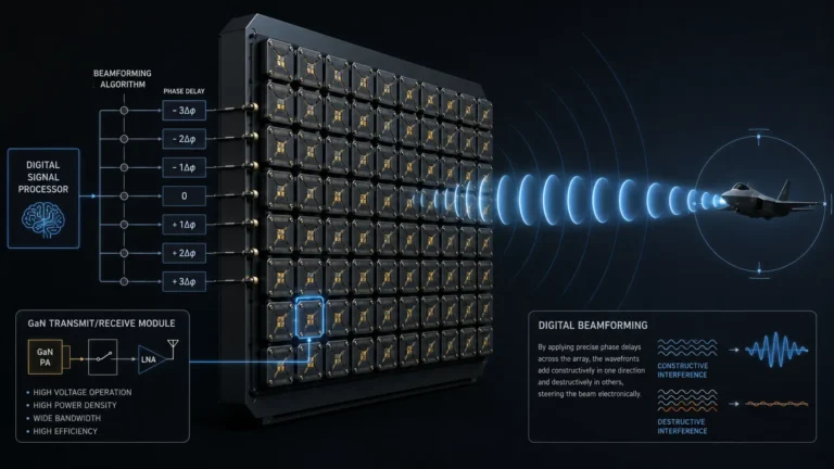 Cinematic render of a GaN AESA radar array demonstrating digital beamforming.