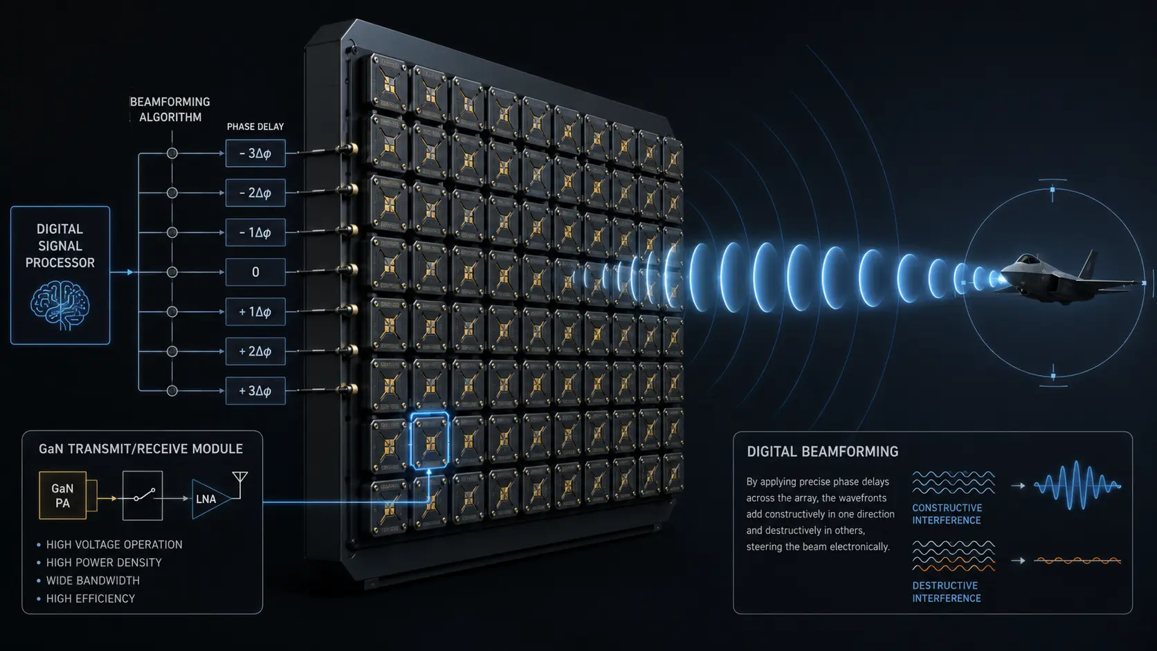 Cinematic render of a GaN AESA radar array demonstrating digital beamforming.