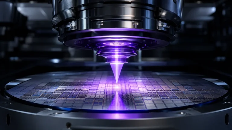 Cinematic render of a High-NA EUV anamorphic lens projecting a circuit pattern onto a silicon wafer.
