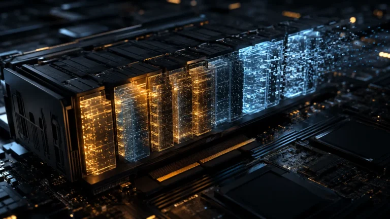 Cinematic render of a KV cache eviction algorithm optimizing VRAM inside an AI server.