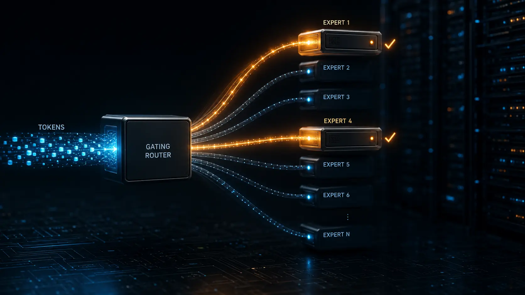 Cinematic render of a Mixture-of-Experts routing algorithm directing data tokens to sparsely activated neural networks.