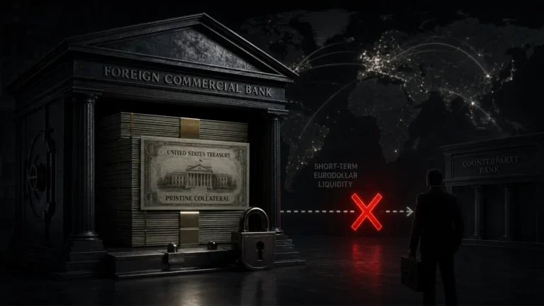 Cinematic render of a bank vault hoarding US Treasury bonds, representing a Eurodollar yield curve inversion.