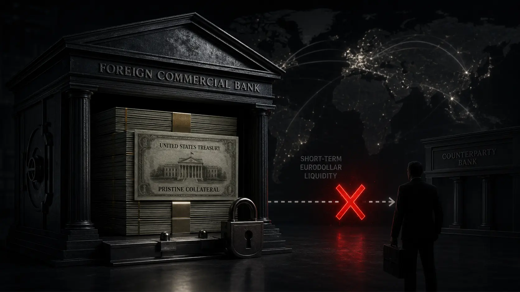 Cinematic render of a bank vault hoarding US Treasury bonds, representing a Eurodollar yield curve inversion.