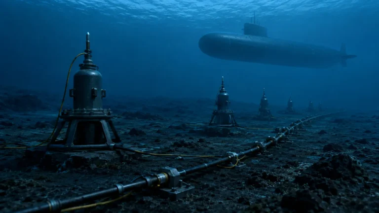 Cinematic render of a bottom-mounted hydrophone array tracking a nuclear submarine in the deep ocean.