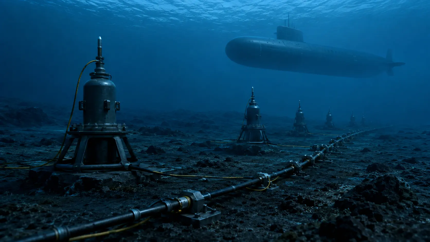 Cinematic render of a bottom-mounted hydrophone array tracking a nuclear submarine in the deep ocean.