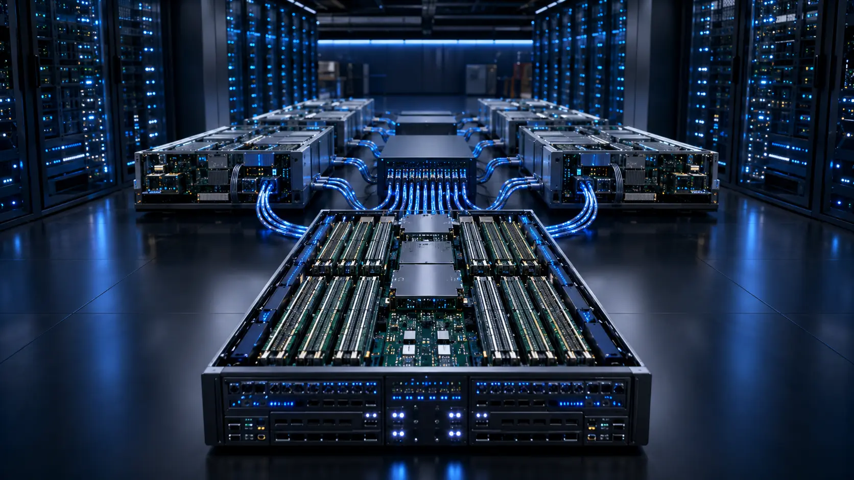 Cinematic render of a centralized memory pool connecting to detached CPUs, representing Compute Express Link architecture.