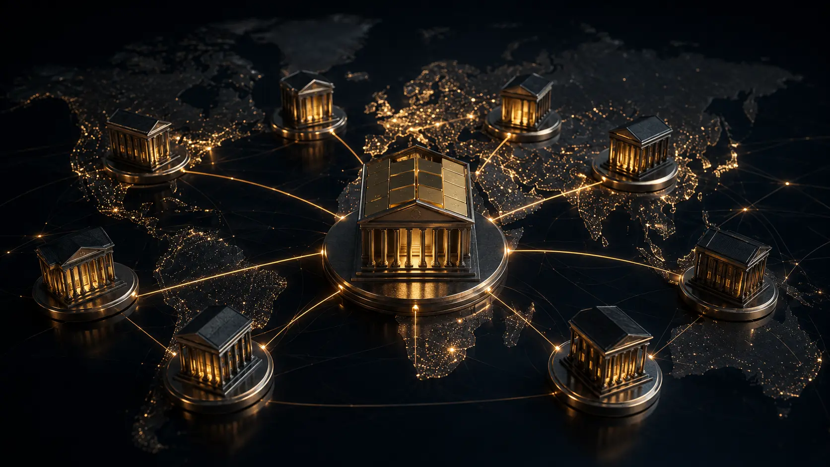 Cinematic render of a digital global ledger representing the offshore Eurodollar system and shadow banking.