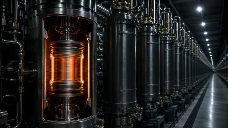 Cinematic render of a gas centrifuge separating uranium isotopes for HALEU enrichment.