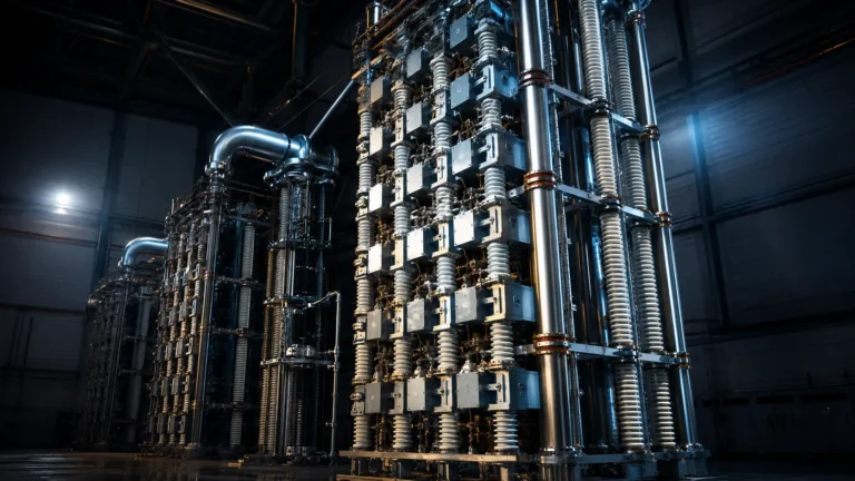 Cinematic render of a high-voltage thyristor valve stack synchronizing AC to DC conversion.