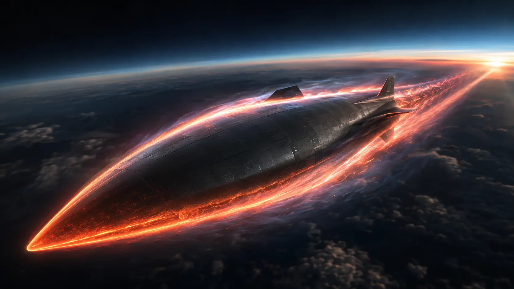 Cinematic render of a hypersonic weapon generating a superheated plasma sheath in the upper atmosphere.