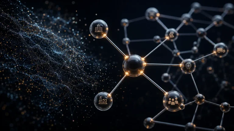 Cinematic render of a knowledge graph vector index architecture used for enterprise artificial intelligence.