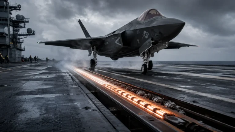 Cinematic render of a linear induction motor track powering the Electromagnetic Aircraft Launch System (EMALS) on a naval carrier.