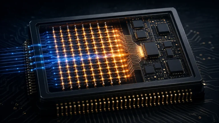 Cinematic render of a memristor crossbar array used for analog in-memory computing.