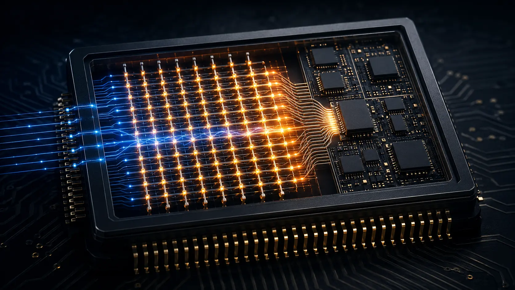 Cinematic render of a memristor crossbar array used for analog in-memory computing.