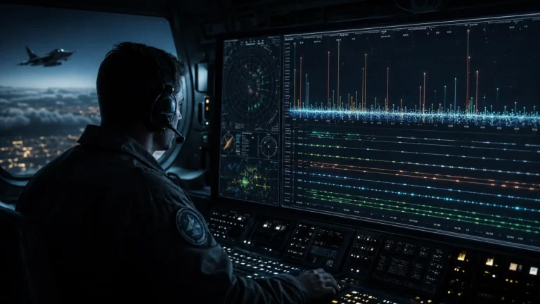 Cinematic render of a pulse deinterleaving algorithm sorting overlapping radar signals.
