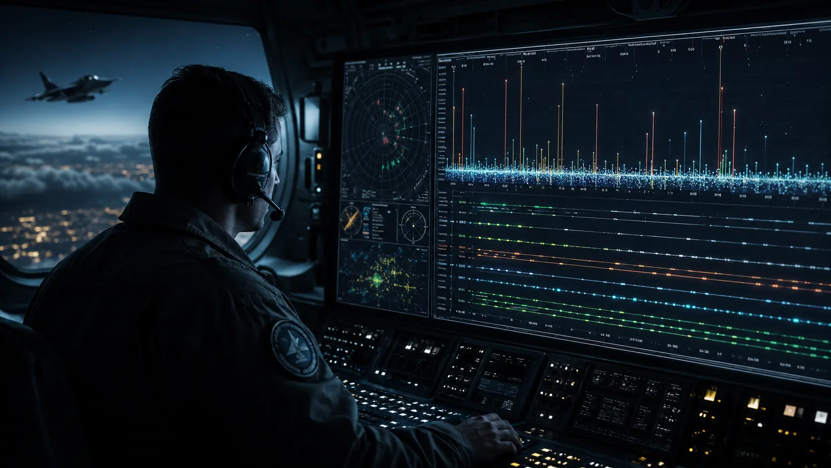 Cinematic render of a pulse deinterleaving algorithm sorting overlapping radar signals.