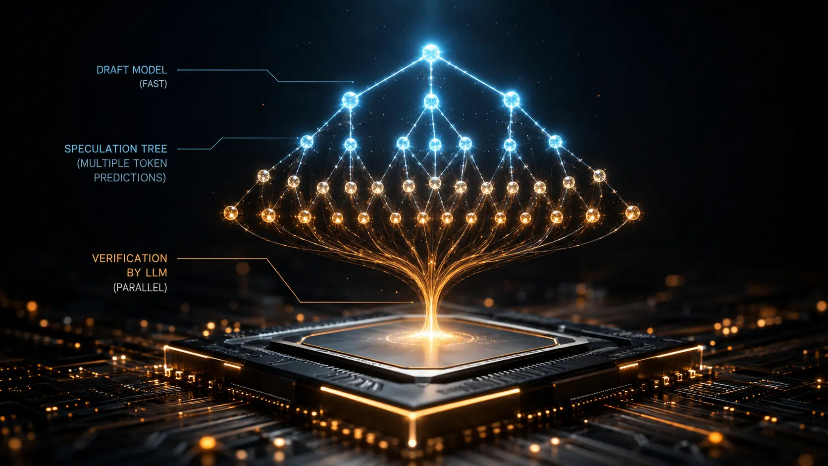 Cinematic render of a small draft model generating a token tree for parallel verification representing speculative decoding.