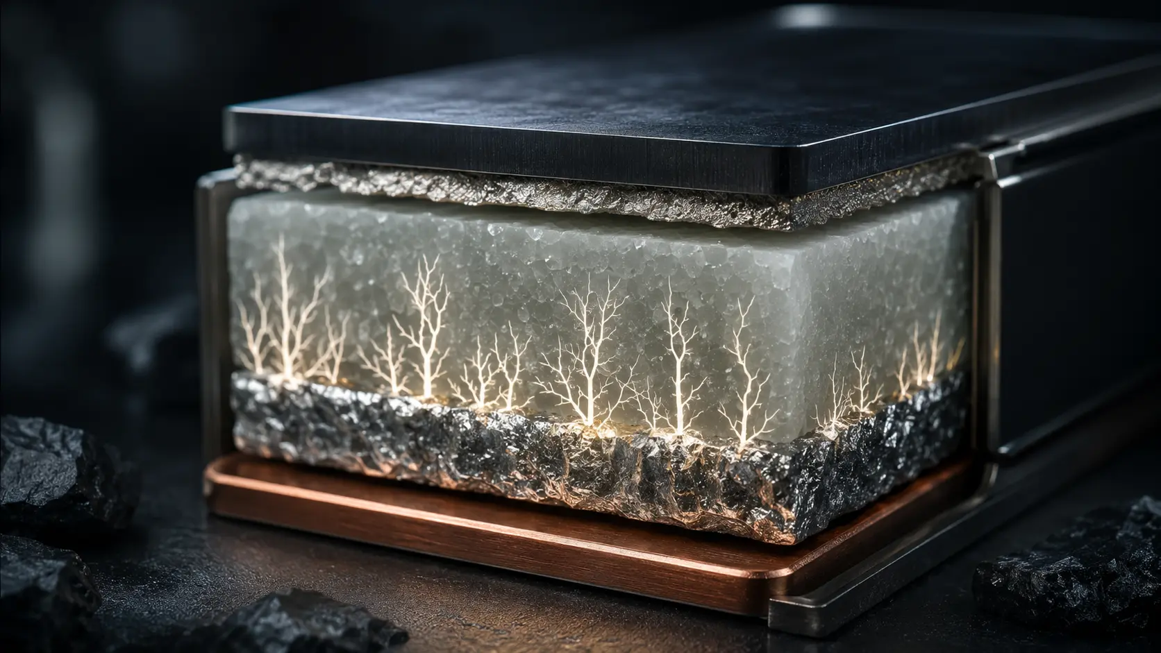 Cinematic render of a solid-state battery cell matrix under mechanical clamping pressure.