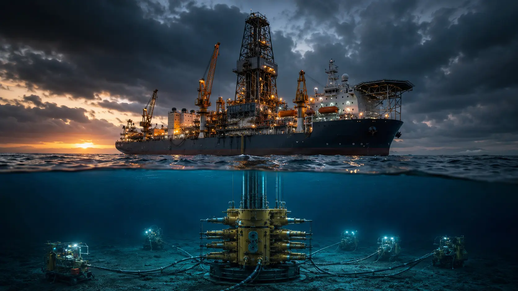 Cinematic render of a subsea blowout preventer stack on the ocean floor used in deepwater offshore drilling.