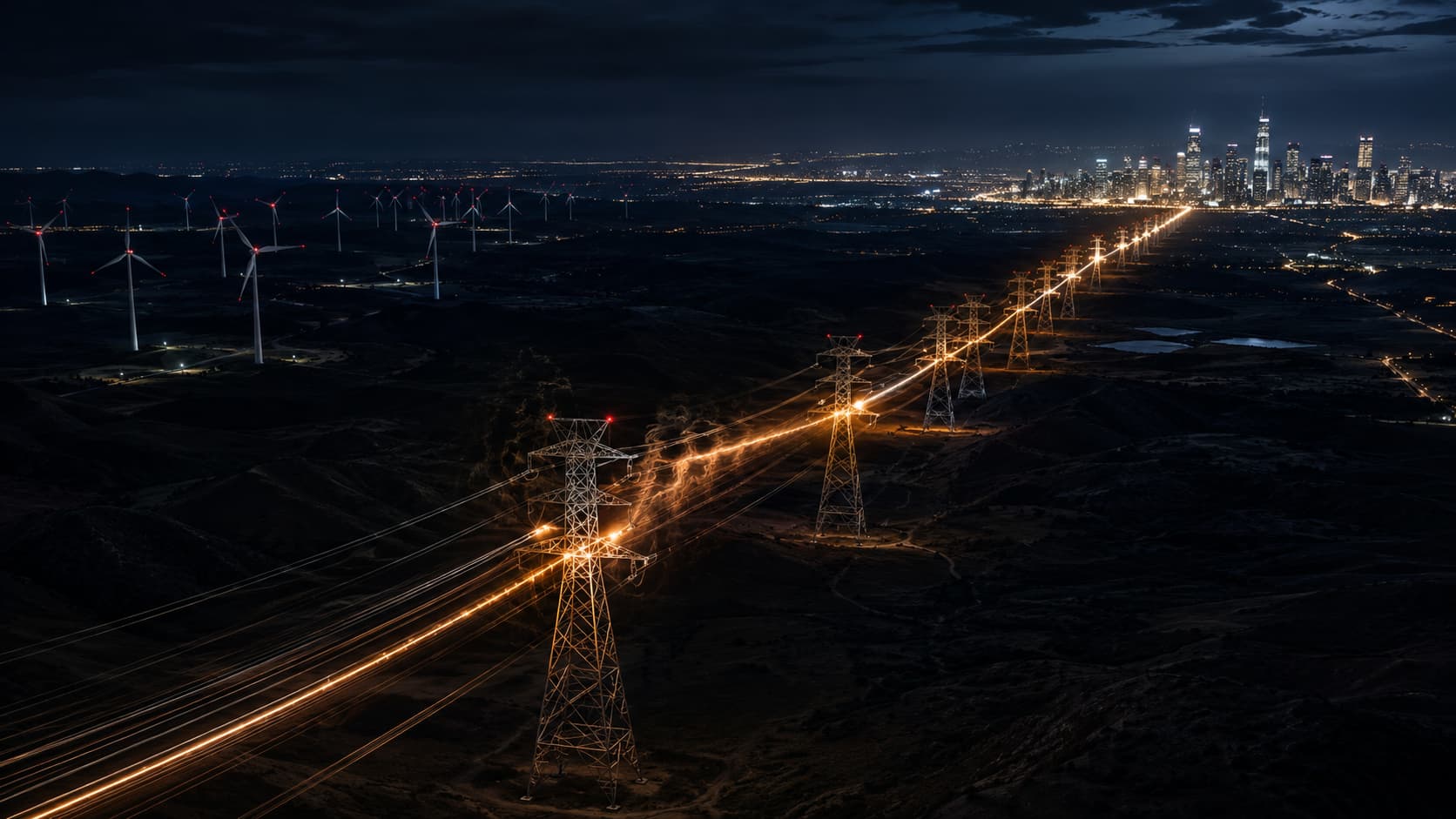 Cinematic render of a thermally congested transmission line representing Locational Marginal Pricing.