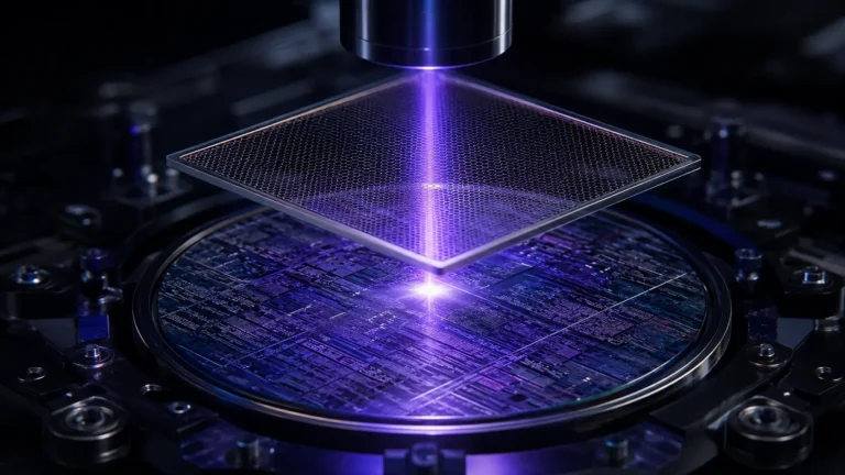 Cinematic render of an EUV pellicle protecting a reticle from a high-power ultraviolet laser.
