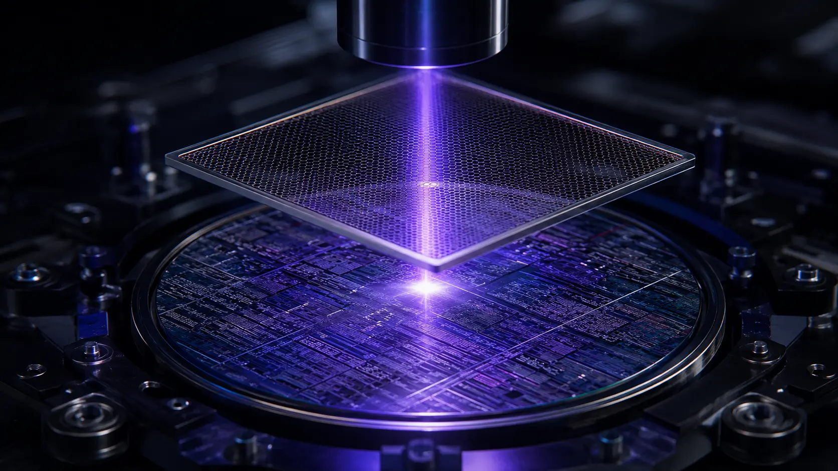 Cinematic render of an EUV pellicle protecting a reticle from a high-power ultraviolet laser.