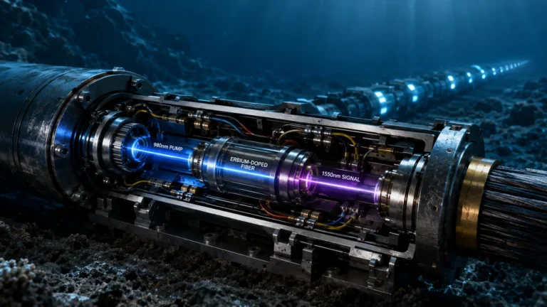 Cinematic render of an Erbium-Doped Fiber Amplifier operating inside a subsea telecommunications cable on the ocean floor.