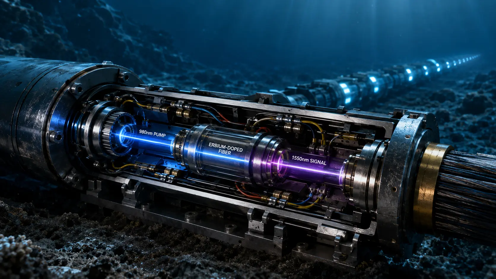 Cinematic render of an Erbium-Doped Fiber Amplifier operating inside a subsea telecommunications cable on the ocean floor.