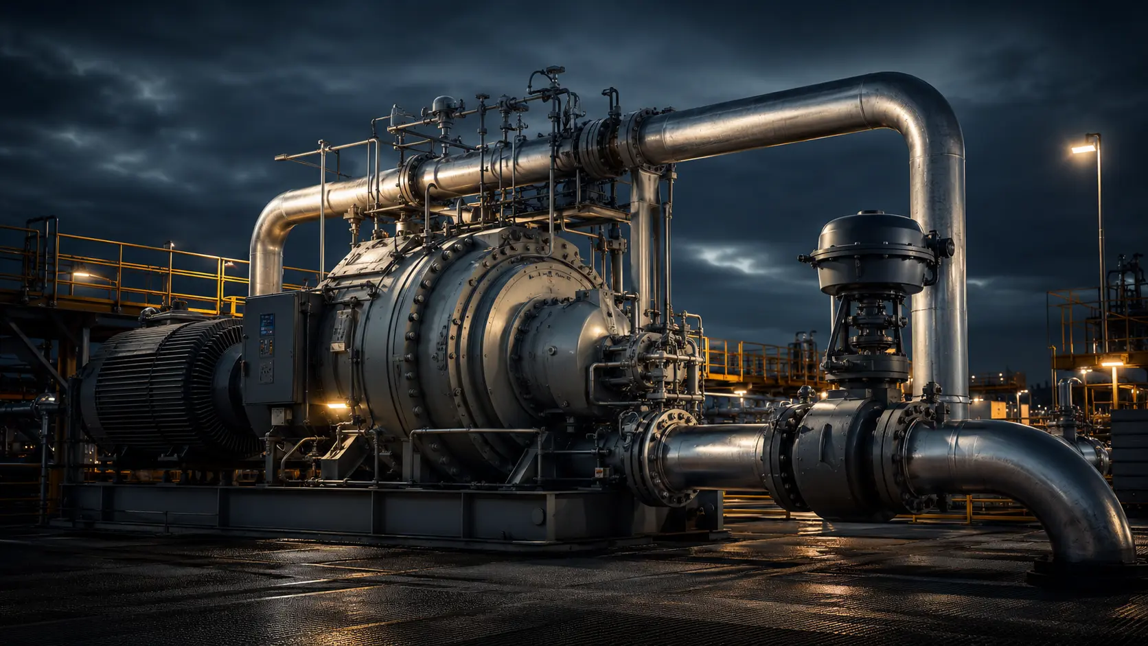Cinematic render of an anti-surge valve and recycle loop on a centrifugal gas pipeline compressor.