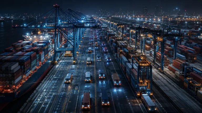 Cinematic render of an automated container port utilizing AGVs and robotic cranes at night.