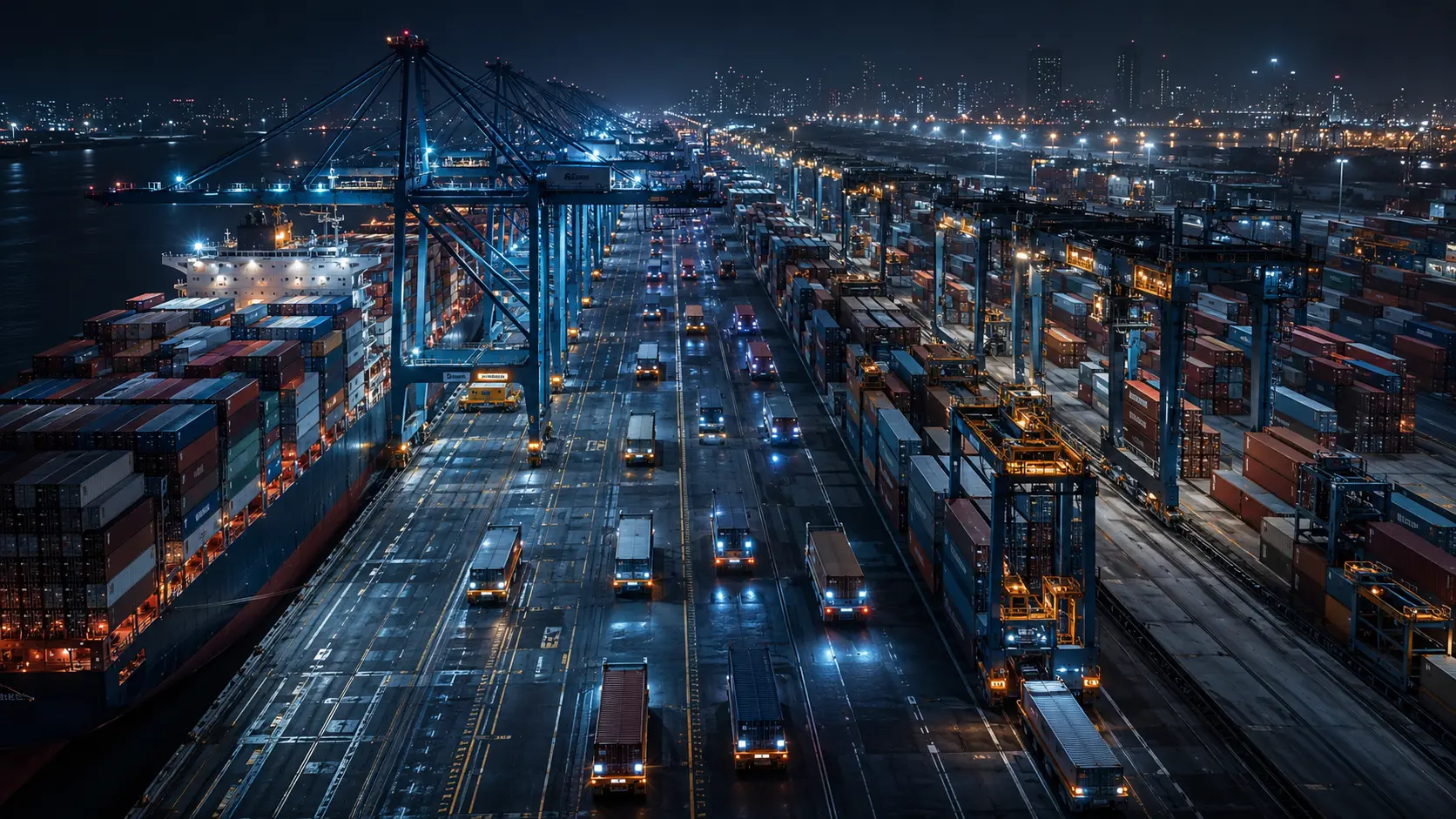Cinematic render of an automated container port utilizing AGVs and robotic cranes at night.