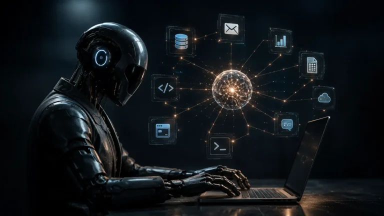 Cinematic render of an autonomous AI agent orchestration framework utilizing language models and tool-calling APIs.