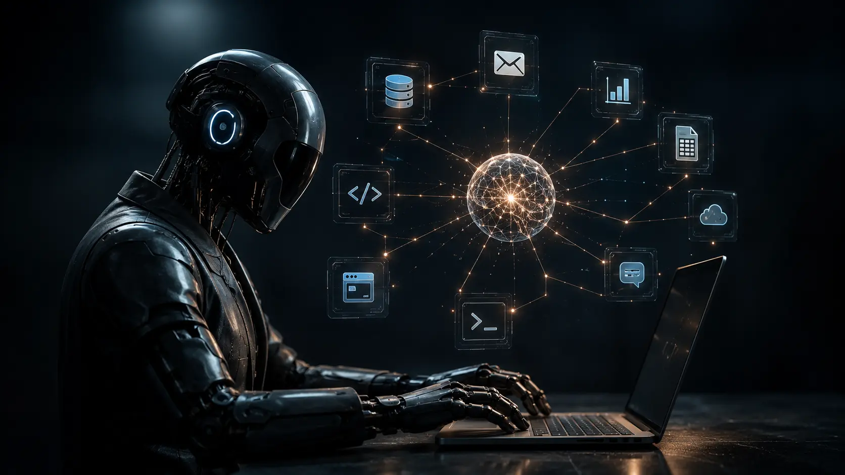 Cinematic render of an autonomous AI agent orchestration framework utilizing language models and tool-calling APIs.