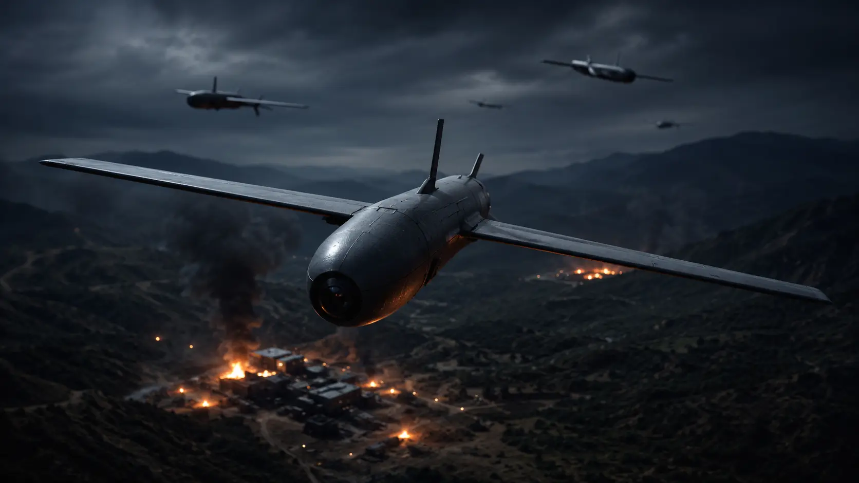 Cinematic render of an autonomous loitering munition utilizing artificial intelligence for target tracking.