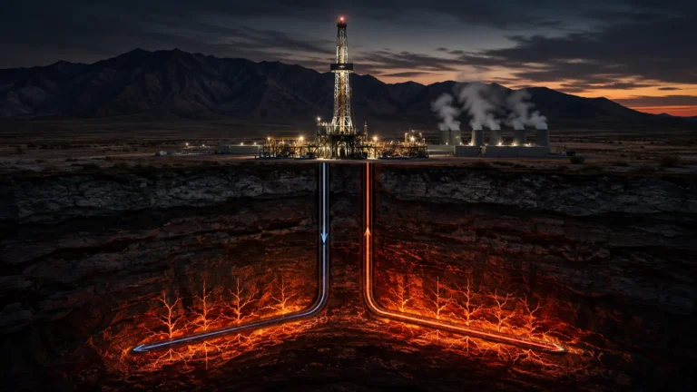 Cinematic render of an enhanced geothermal system (EGS) circulating fluid through fractured bedrock.