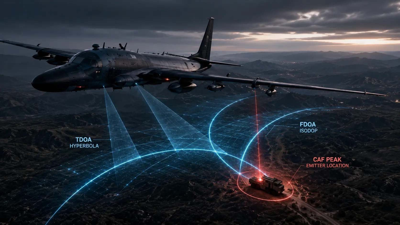 Cinematic render of an intelligence aircraft using the Cross-Ambiguity Function to geolocate a hidden radar system.