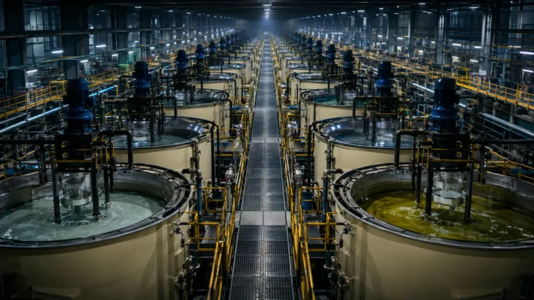 Cinematic render of aqueous and organic liquids separating inside a solvent extraction cascade tank