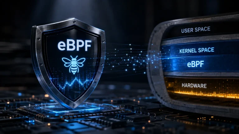 Cinematic render of data streams bypassing user space and entering a server core representing eBPF kernel execution.