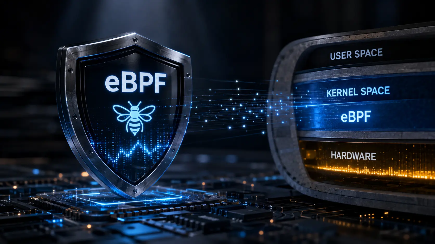 Cinematic render of data streams bypassing user space and entering a server core representing eBPF kernel execution.
