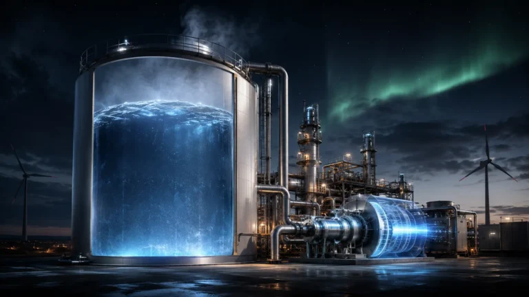 Cinematic render of frosted cryogenic storage tanks at a liquid air energy storage facility.