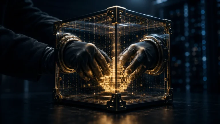 Cinematic render of lattice-based cryptography architecture enabling fully homomorphic encryption.