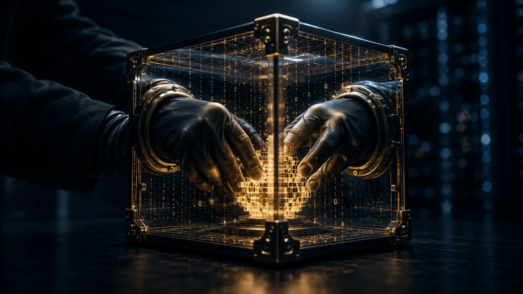 Cinematic render of lattice-based cryptography architecture enabling fully homomorphic encryption.